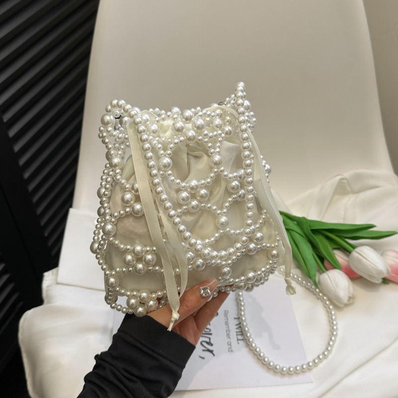 Weiße Perlenbesetzte Bucket-Sc – Women Bags On Sale Clearance Bewertung und Preis