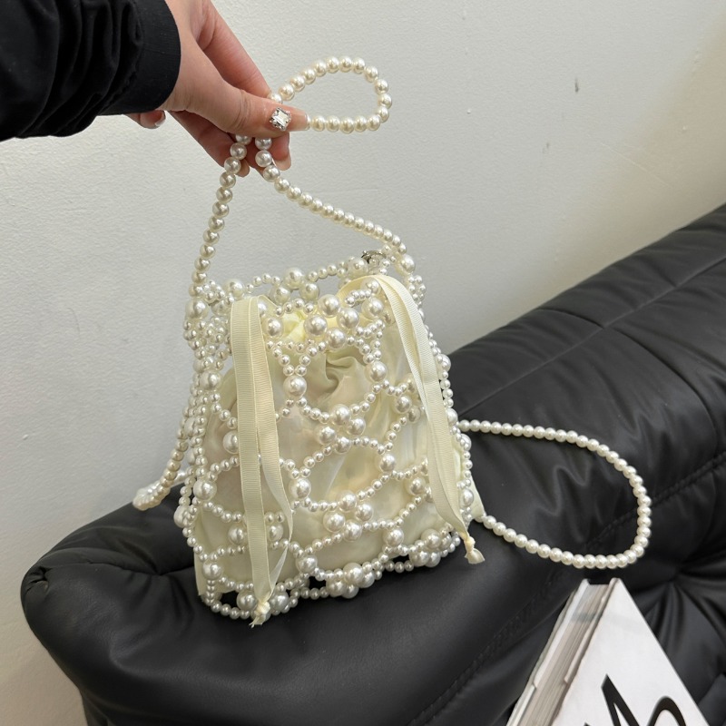 Weiße Perlenbesetzte Bucket-Sc – Women Bags On Sale Clearance Bewertung und Preis